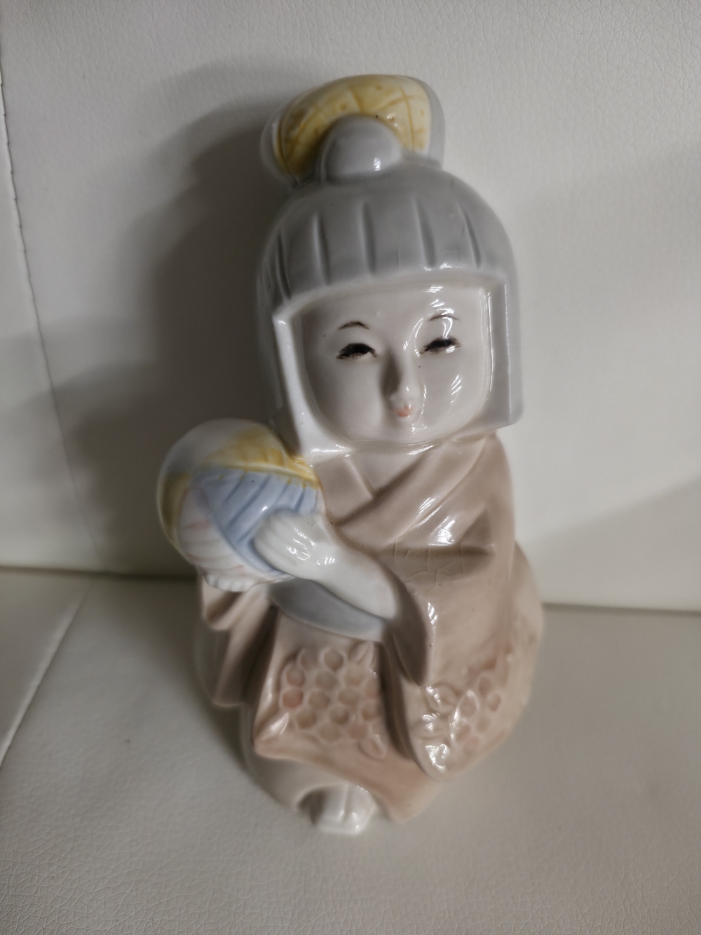 Hand-Painted Porcelain Kokeshi Figurine in Soft Pink and Gray
